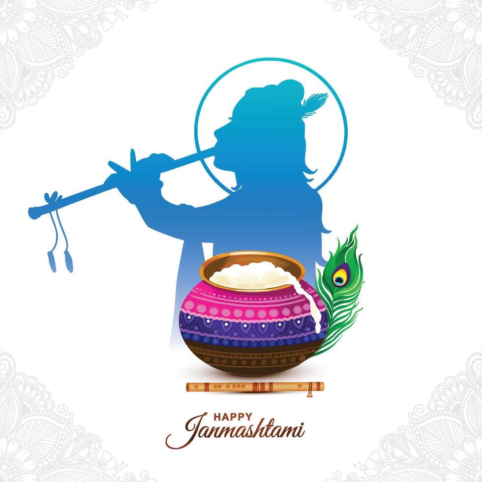 Happy Janmashtami with lord Krishna hand playing bansuri card background vector