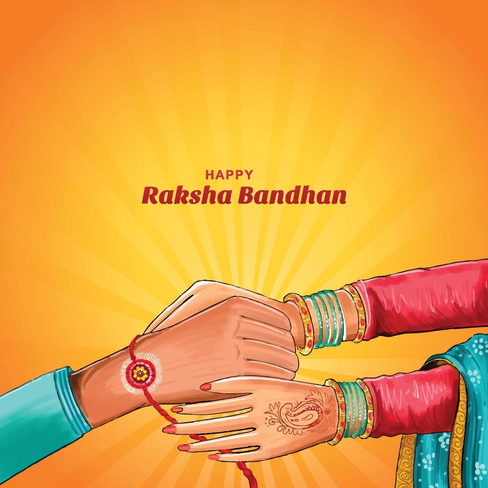 Hand draw happy raksha bandhan sister tying rakhi to brother card background vector