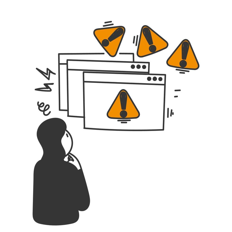 hand drawn doodle website warning with exclamation mark sign vector