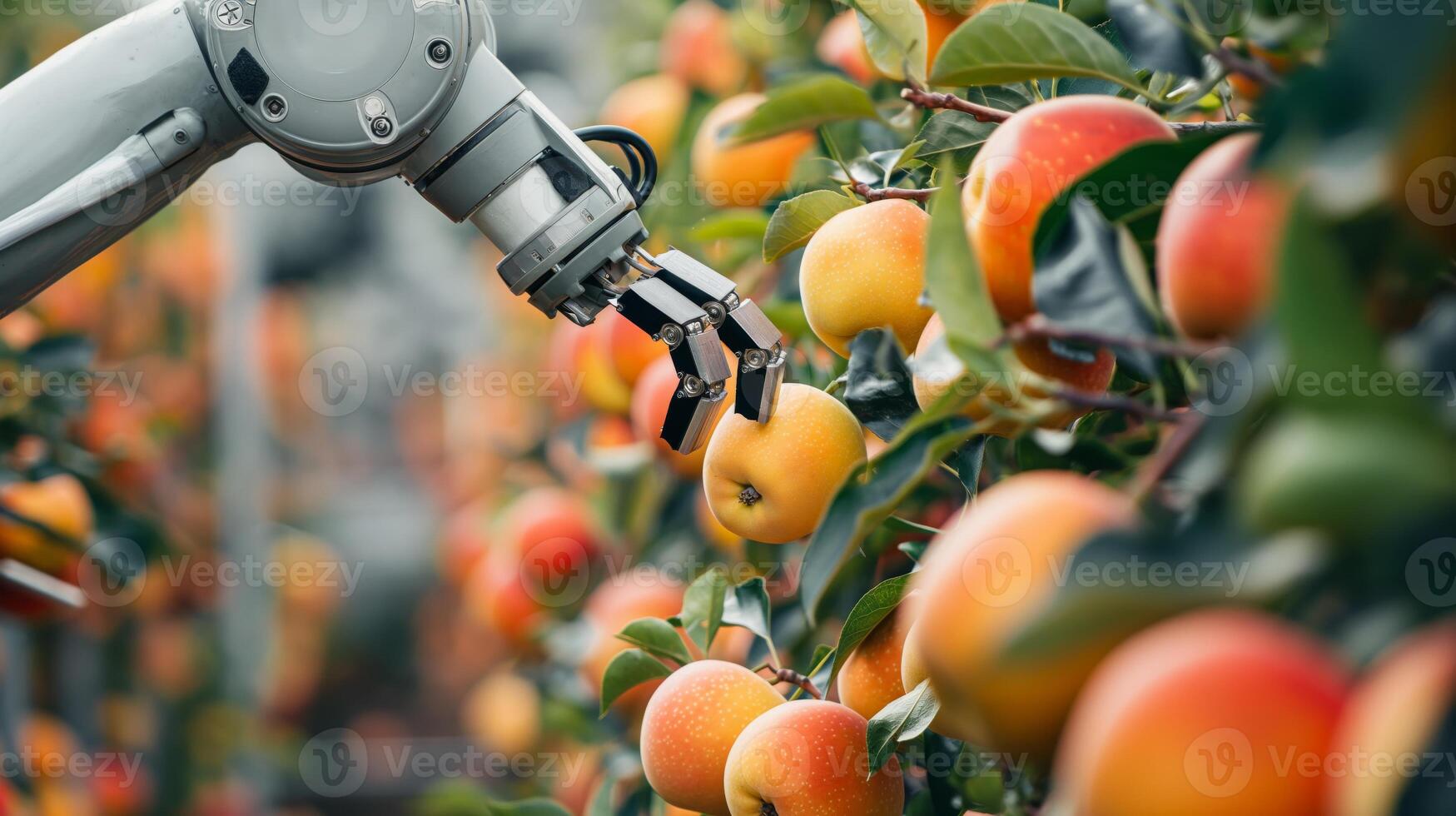 Robotic arms gently picking ripe apples from trees in an orchard. Use of technology in agriculture photo