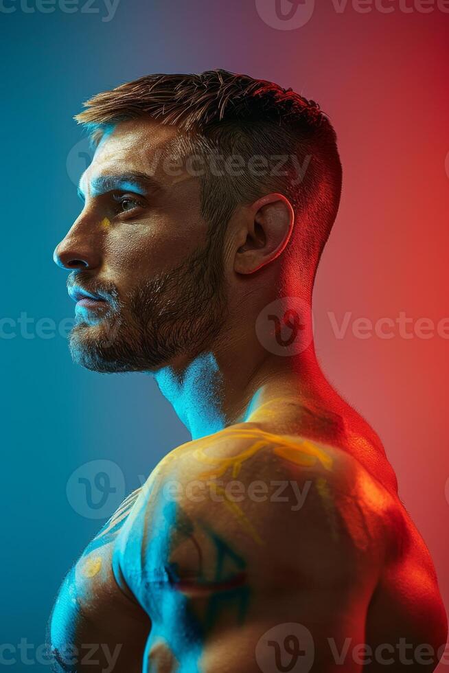 Side Profile Of A Boxer With Blue And Red Lighting. Sports and Fitness. Vertical Banner photo