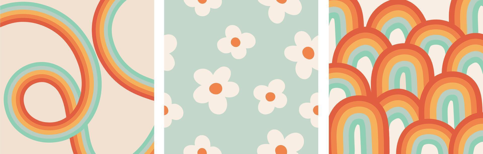 Hand drawn illustration of abstract pastel groovy rainbow, daisies floral background set. template for banner, concept design, social media, background, children wallpaper vector