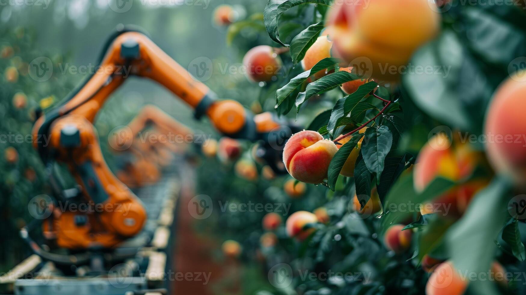 Robotic arms gently picking ripe peaches from trees in an orchard. Use of technology in agriculture photo