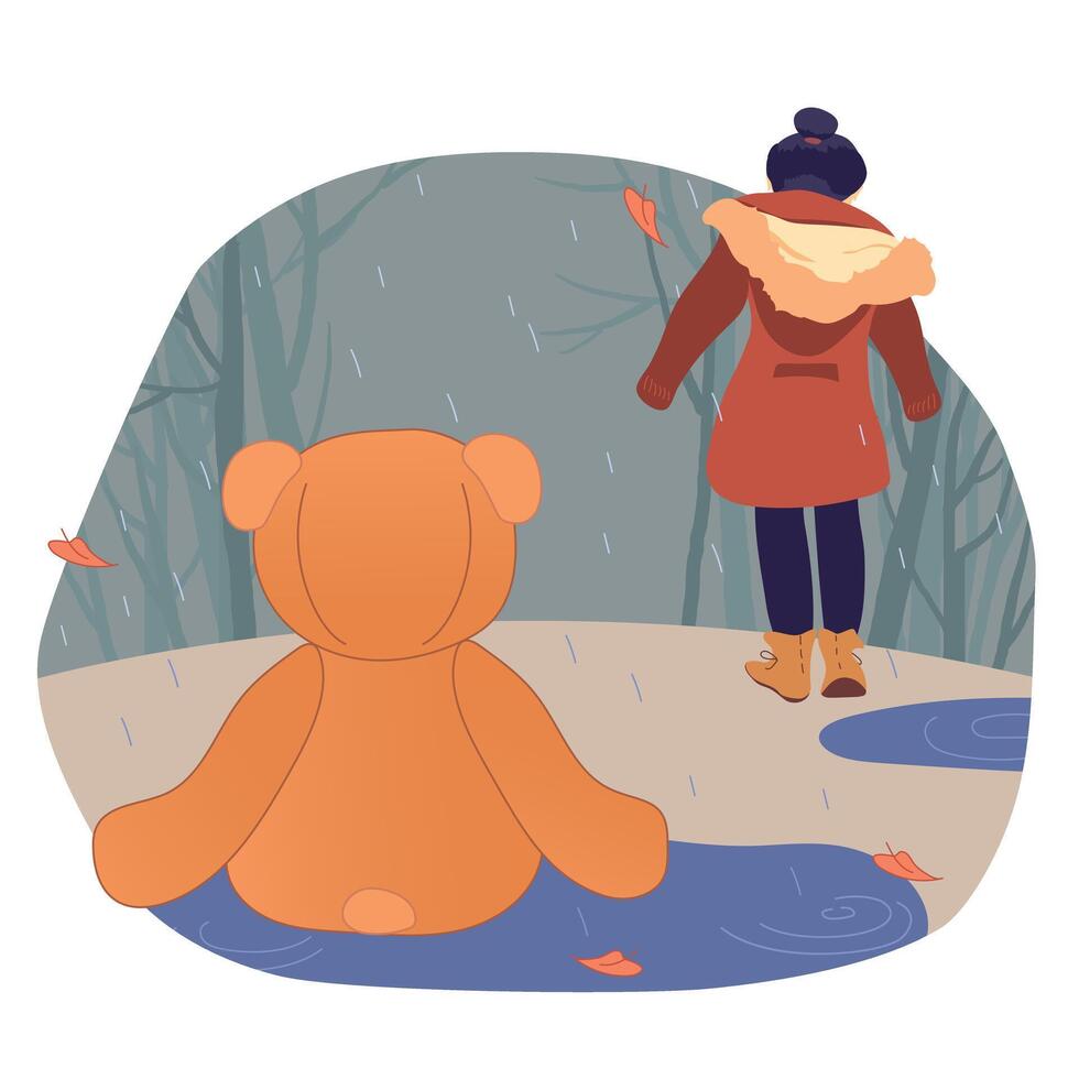 A Teddy bear is thrown in the rain, and the child leaves. An unnecessary toy in the autumn Park. illustration of loneliness and mental depression. The concept of broken hopes and growing up. vector