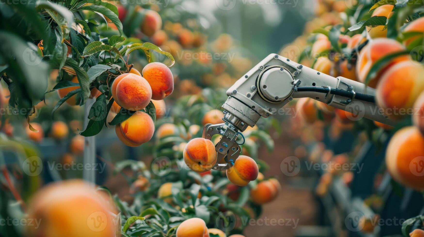 Robotic arms gently picking ripe peaches from trees in an orchard. Use of technology in agriculture photo