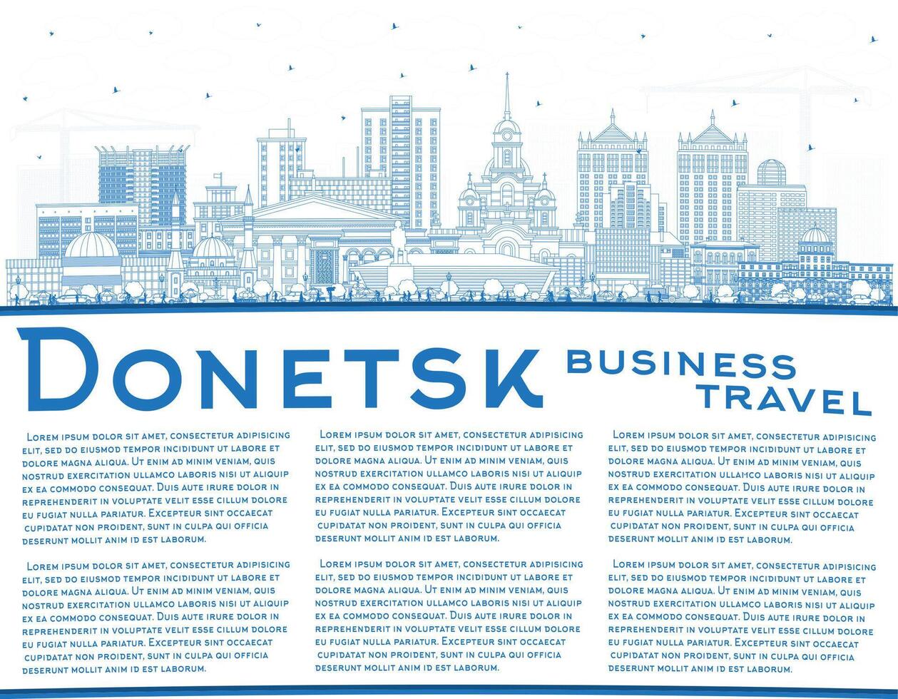 Outline Donetsk city skyline with blue buildings and copy space. Donetsk cityscape with landmarks. Business travel and tourism concept with modern and historic architecture. vector