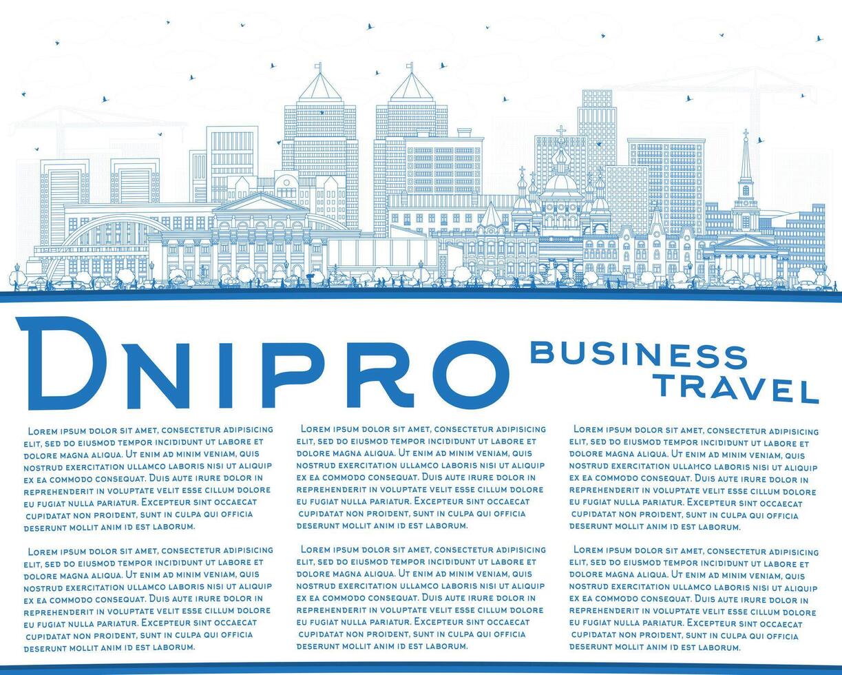 Outline Dnipro city skyline with blue buildings and copy space. Dnepropetrovsk cityscape with landmarks. Business travel and tourism concept with modern and historic architecture. vector