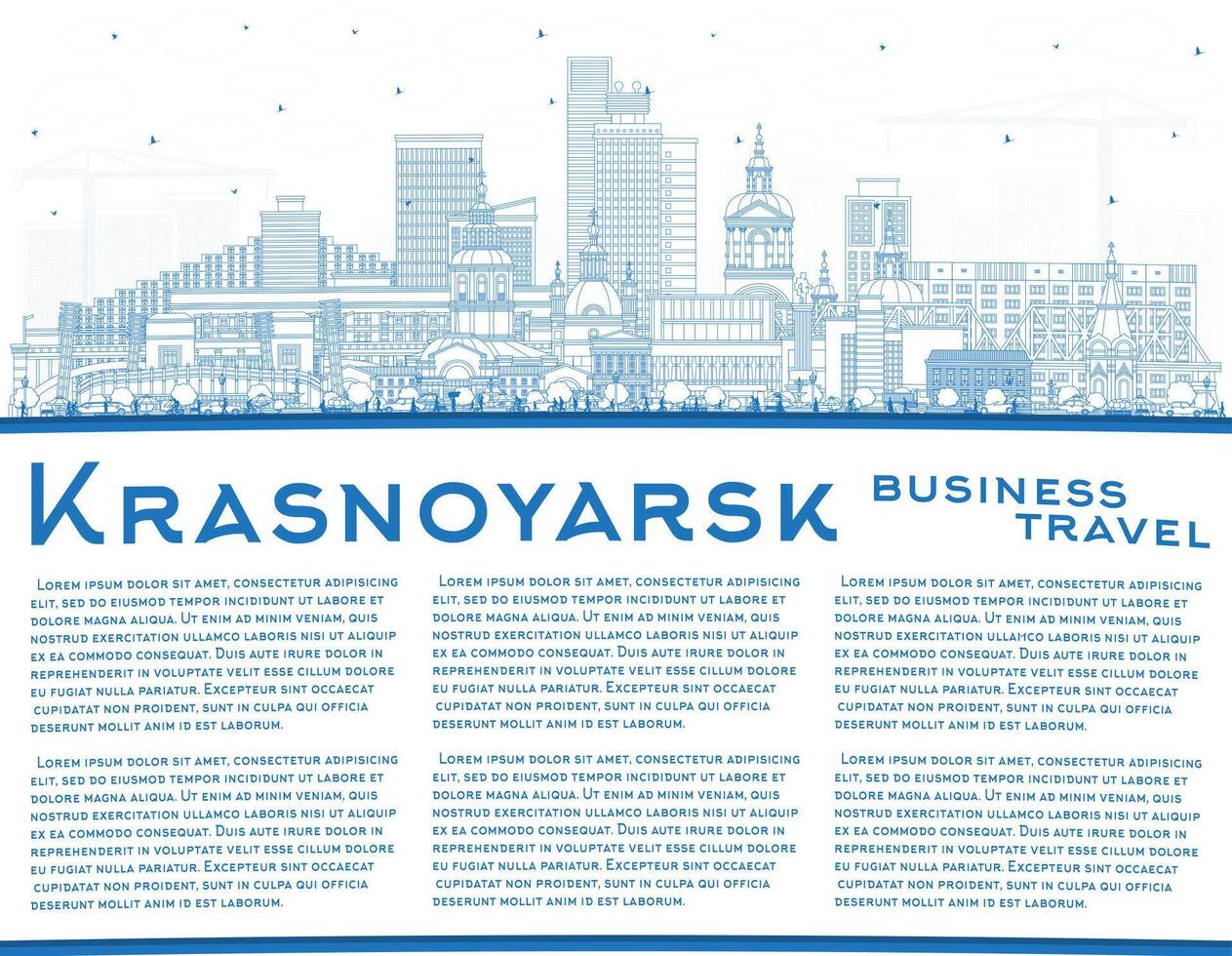 Outline Krasnoyarsk Russia city skyline with blue buildings and copy space. Krasnoyarsk cityscape with landmarks. Tourism concept with modern and historic architecture. vector