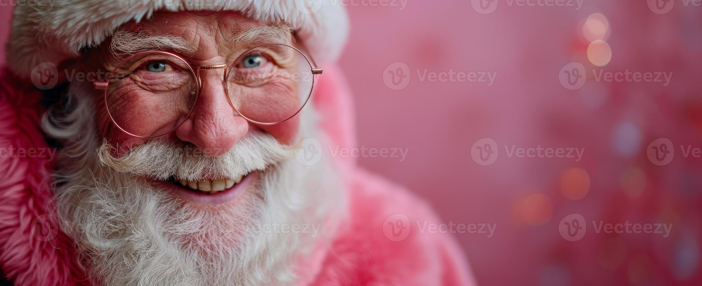 Close-up of Santa Claus in pink clothes smiling on Christmas background. Wide banner with copy space photo