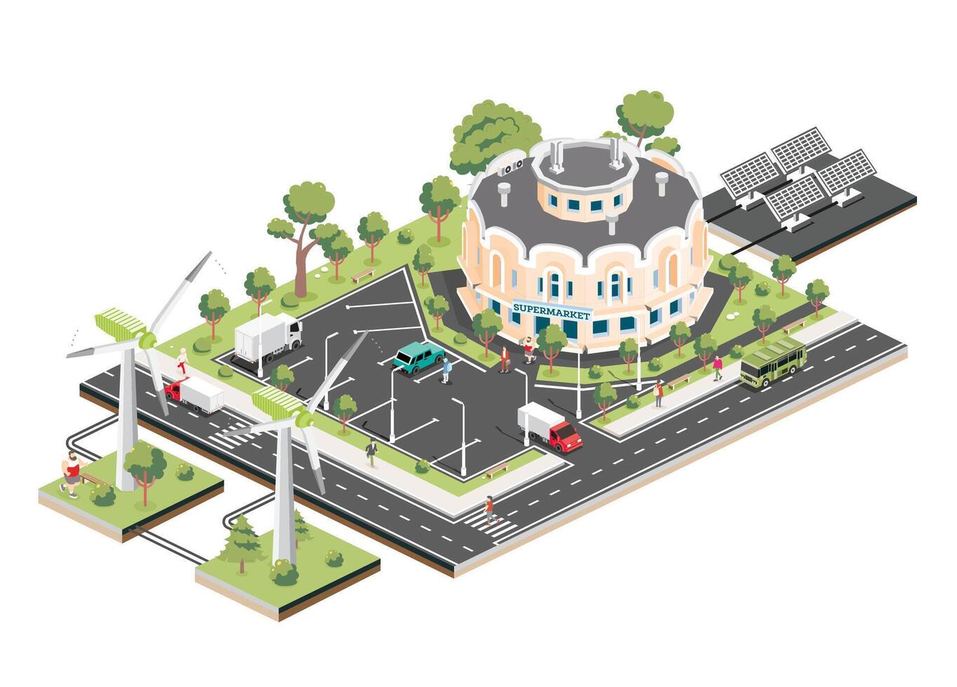 Isometric shopping mall with solar panels and wind turbine. Infographic element. Supermarket building. People, trucks and trees with green leaves isolated on white background. vector
