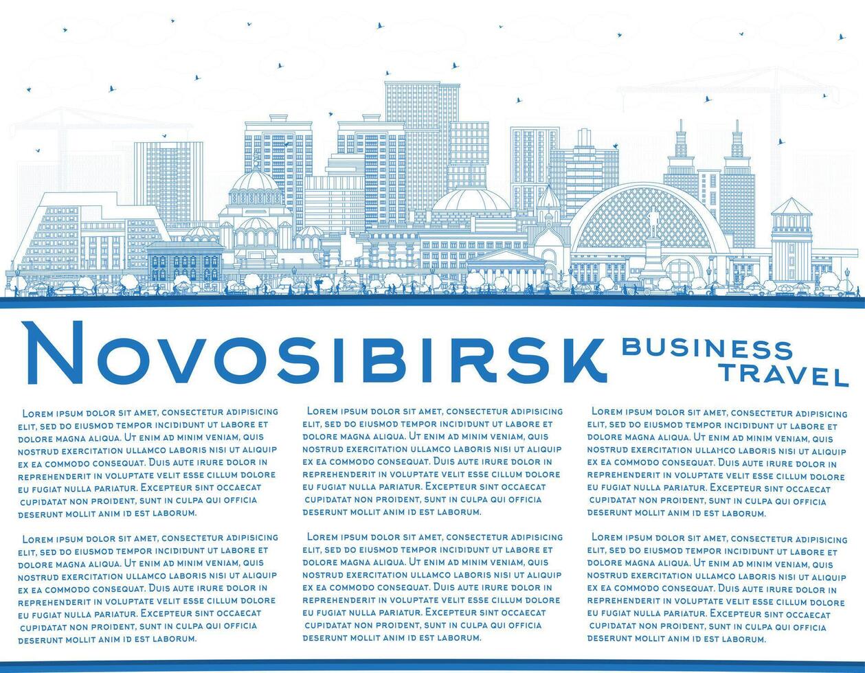 Outline Novosibirsk Russia city skyline with blue buildings and copy space. Novosibirsk cityscape with landmarks. Business concept with modern and historic architecture. vector