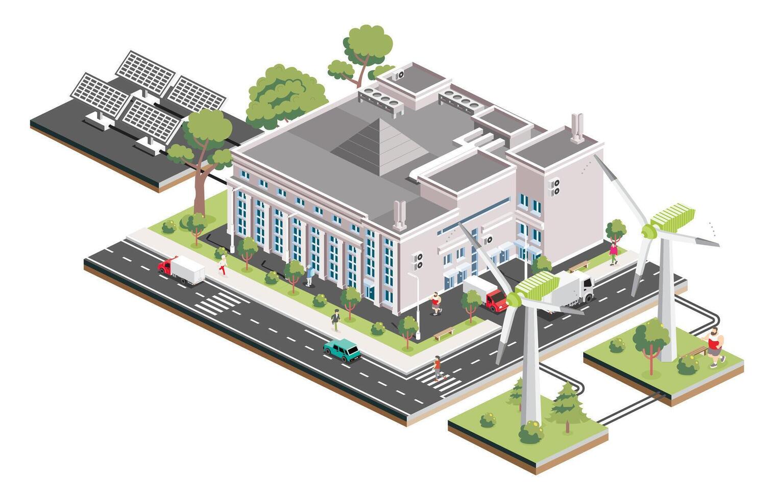 Isometric shopping mall with solar panels and wind turbine. Infographic element. Supermarket building. People, trucks and trees with green leaves isolated on white background. vector