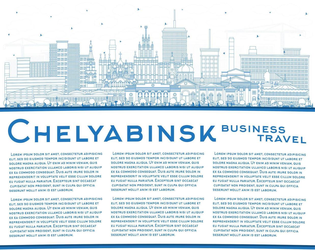 Outline Chelyabinsk Russia city skyline with blue buildings and copy space. Chelyabinsk cityscape with landmarks. Tourism concept with modern and historic architecture. vector