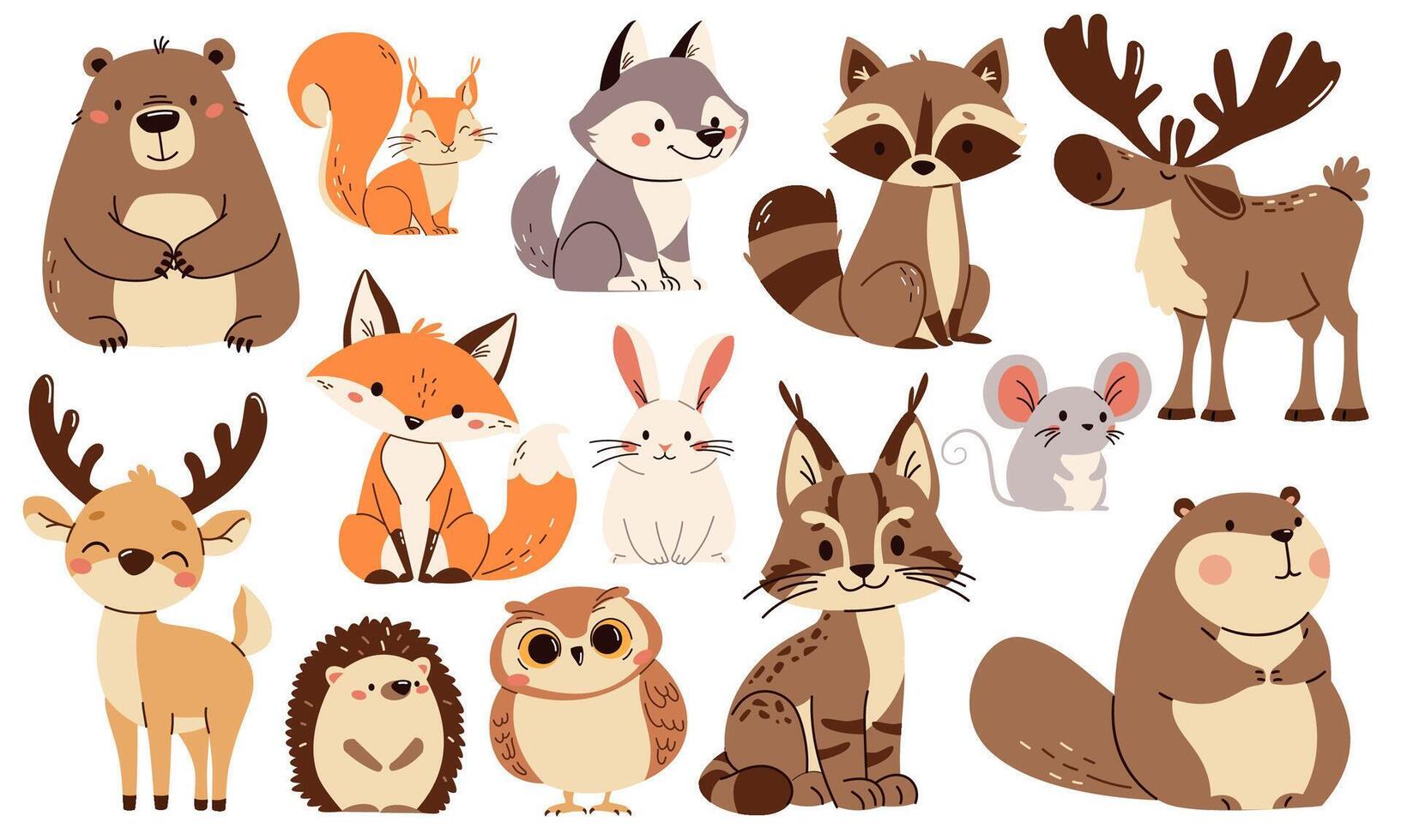 Set of flat illustrations. Forest animals, bear mouse hare elk deer hedgehog fox squirrel raccoon beaver lynx owl vector