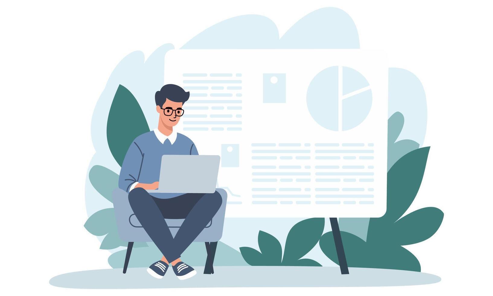 Flat illustration. Young man sitting in a chair and working, banner. Man giving presentation from home vector