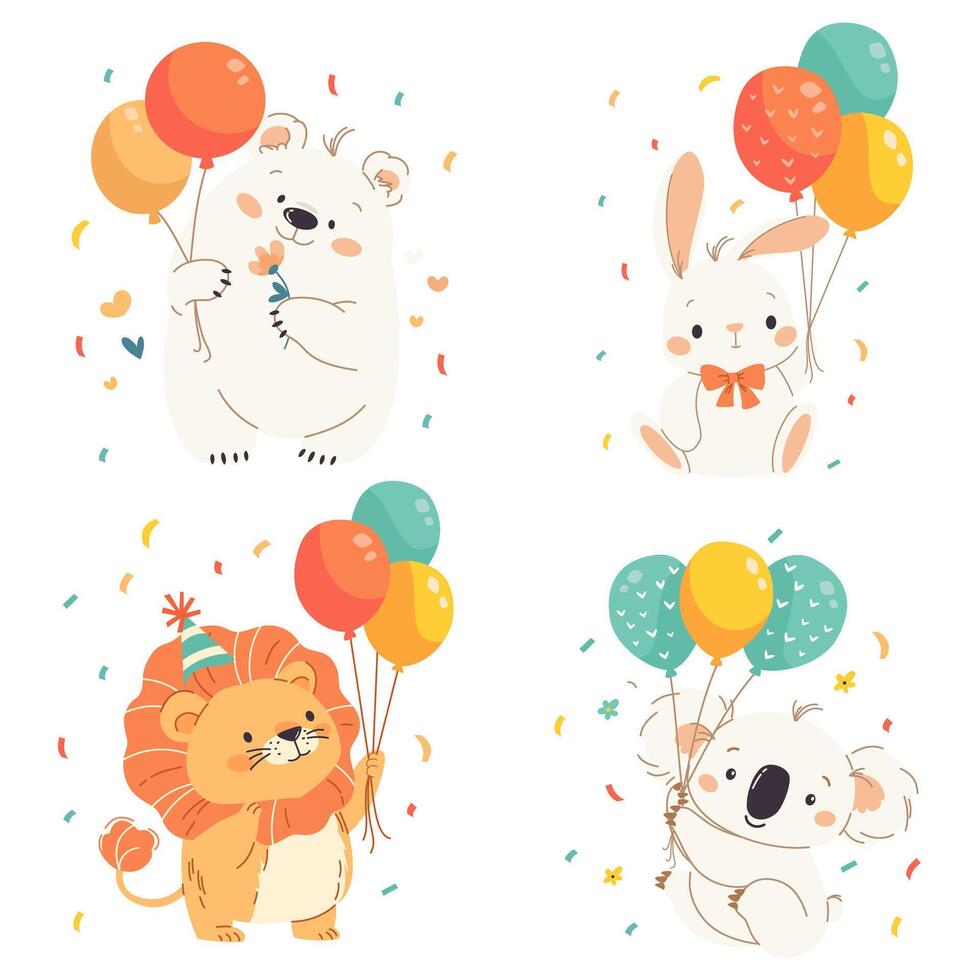 set illustration for birthday. Cute animals panda, polar bear, lion and panda with balloons and confetti on white background vector