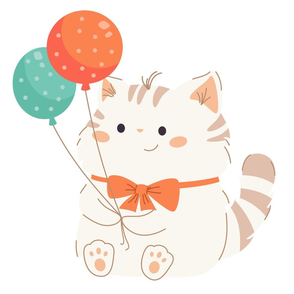 Flat illustration in children's style on white background. Cute kitten holding balloons, birthday party vector