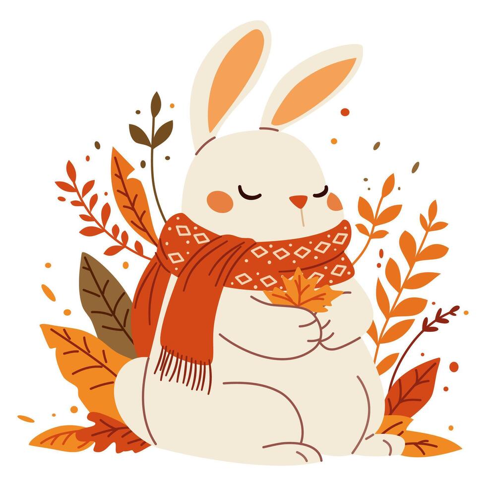 postcard on the theme of autumn. Cute hare in a scarf sitting and holding a maple leaf. Autumn leaves and plants. vector
