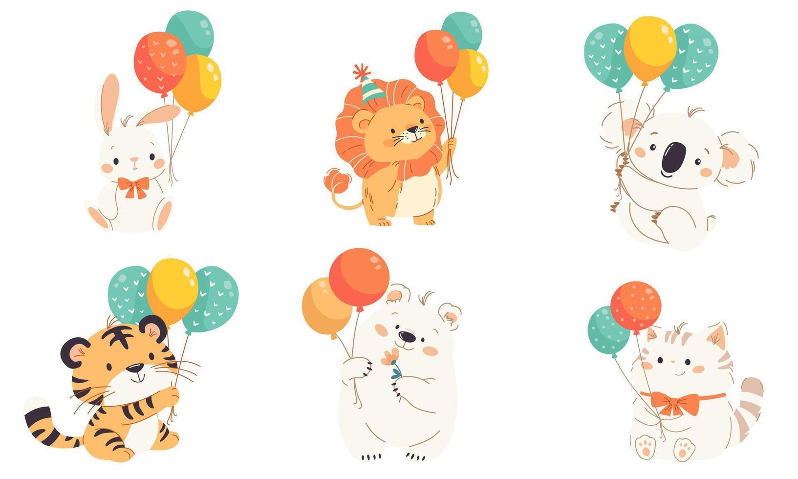 set illustration for birthday. Cute animals panda, polar bear, lion, cat, tiger and panda with balloons and confetti on white background vector