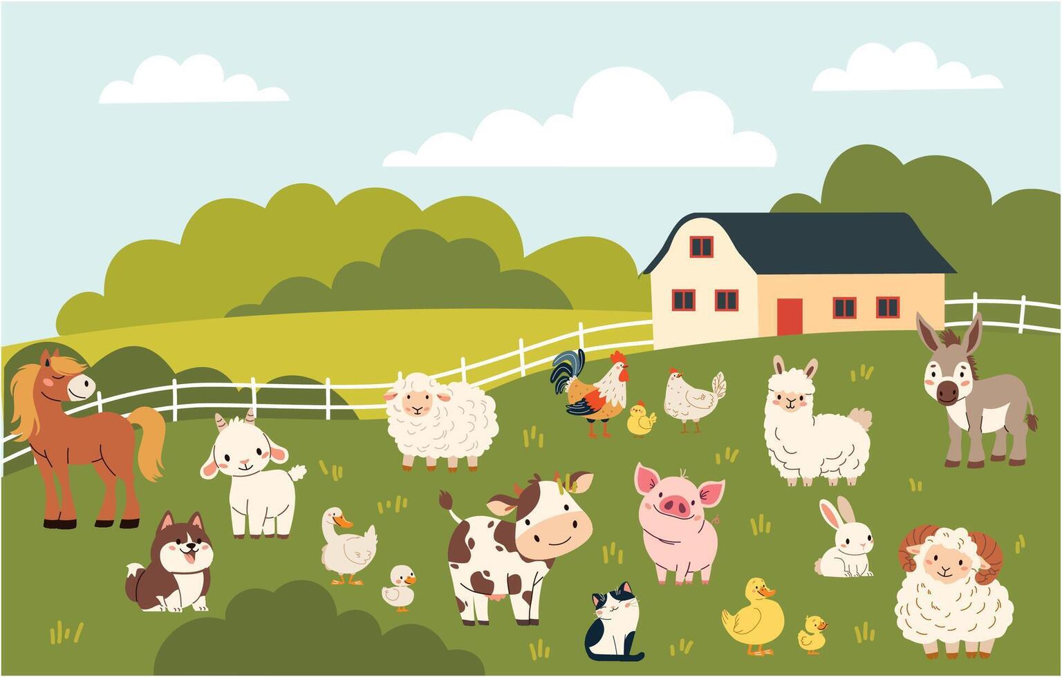 Set of flat illustration on white background. Domestic farm animals. Cow pig lamb sheep sheep horse dog cat goose duck hen rooster goat. Farm landscape vector
