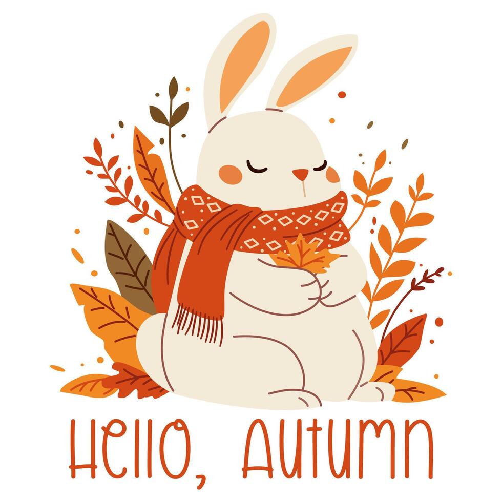 postcard on the theme of autumn. Cute hare in a scarf sitting and holding a maple leaf. Autumn leaves and plants. Inscription Hello Autumn vector