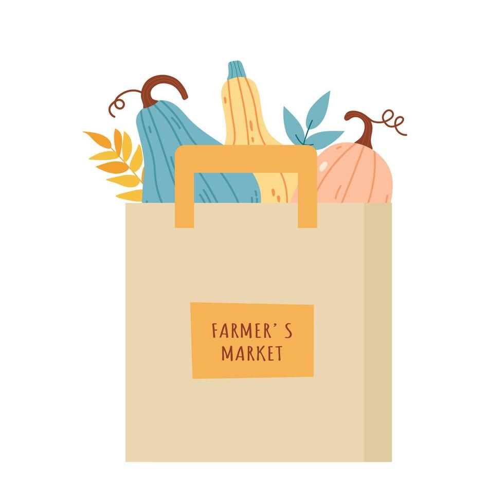 Grocery paper bag with autumn pumpkins and leaves vector
