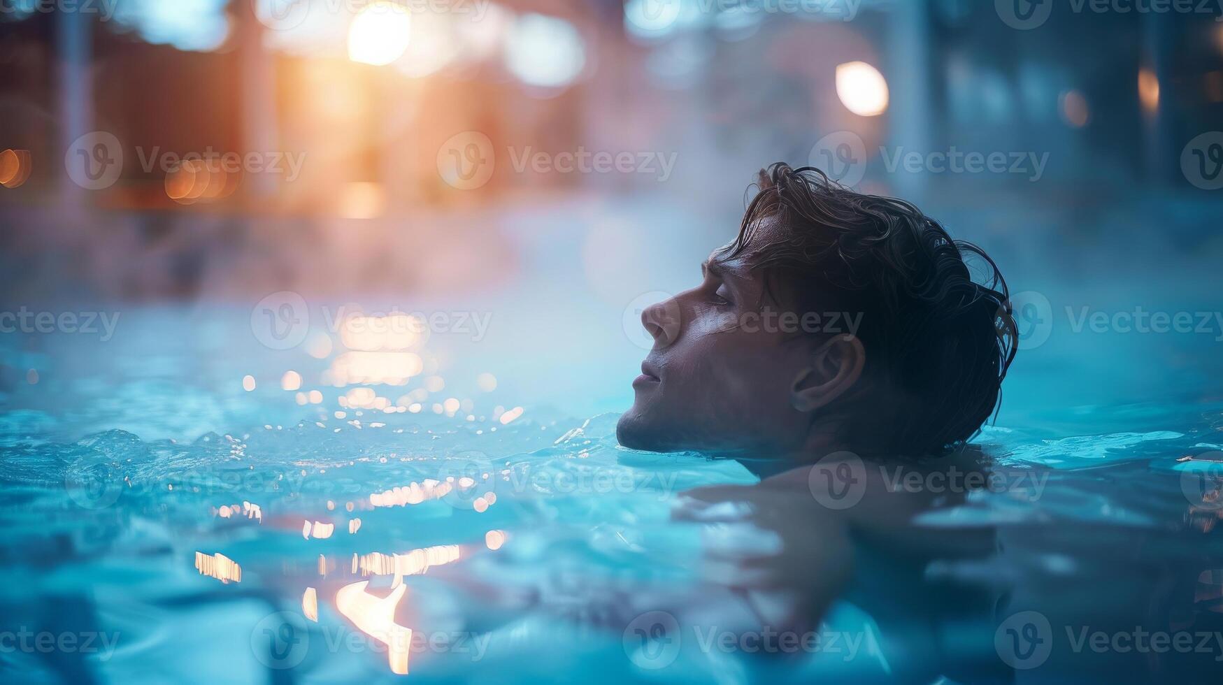 A man in ice bath next to sauna, contrast therapy, with steam rising. Cold water quenching procedure photo
