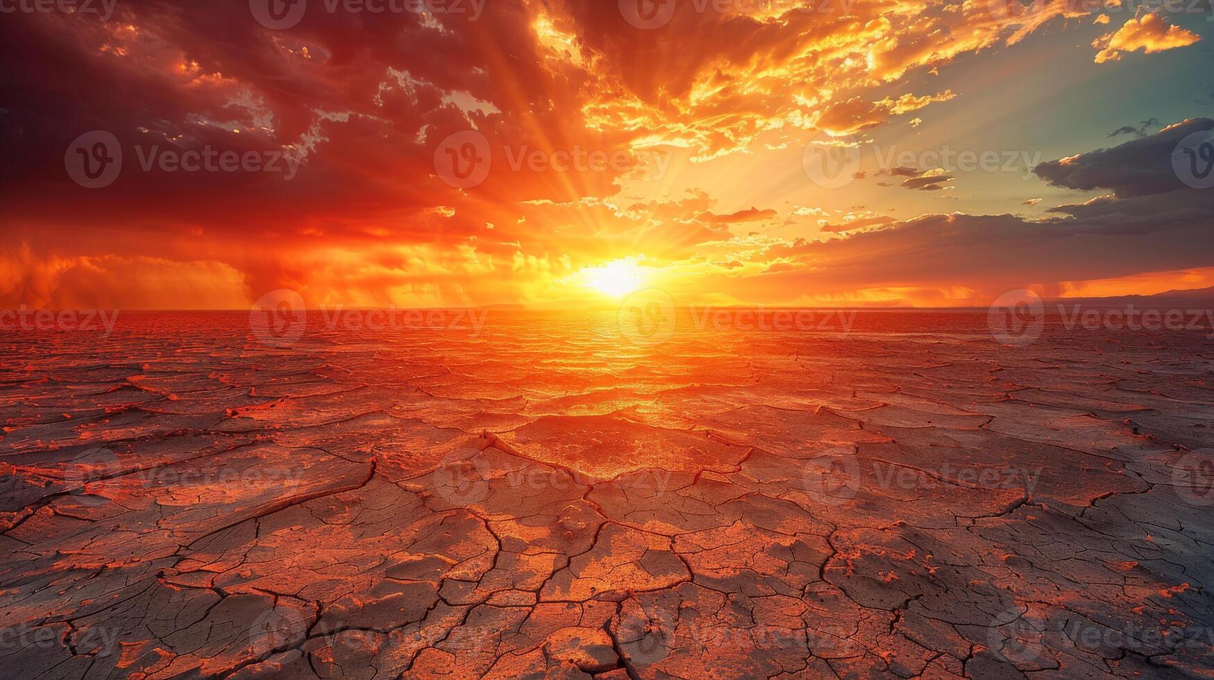 Dramatic sunset over a cracked, barren, dry landscape. Impacts of prolonged drought and heat waves photo