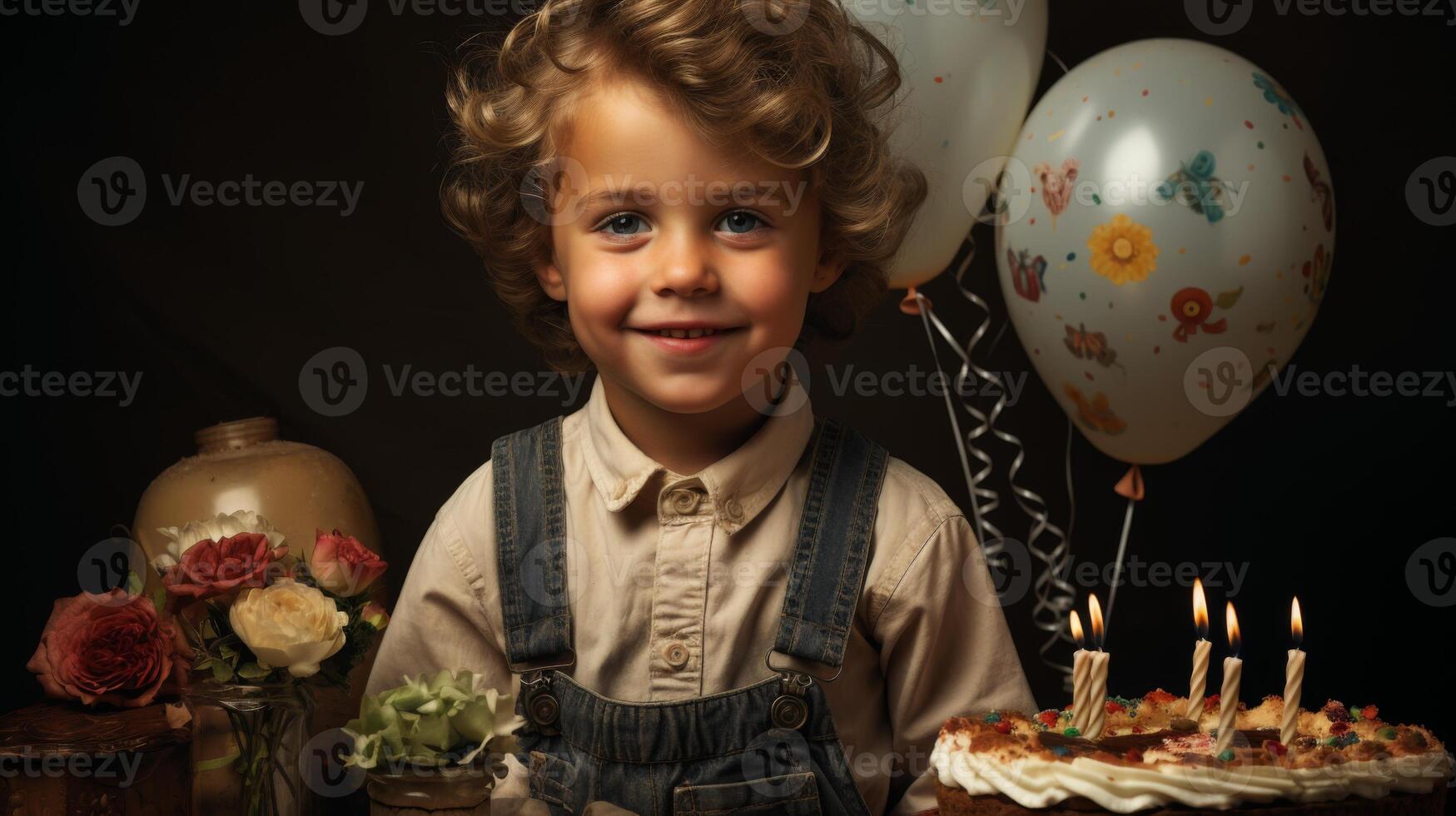 Birthday Boy With Cake and Balloons photo
