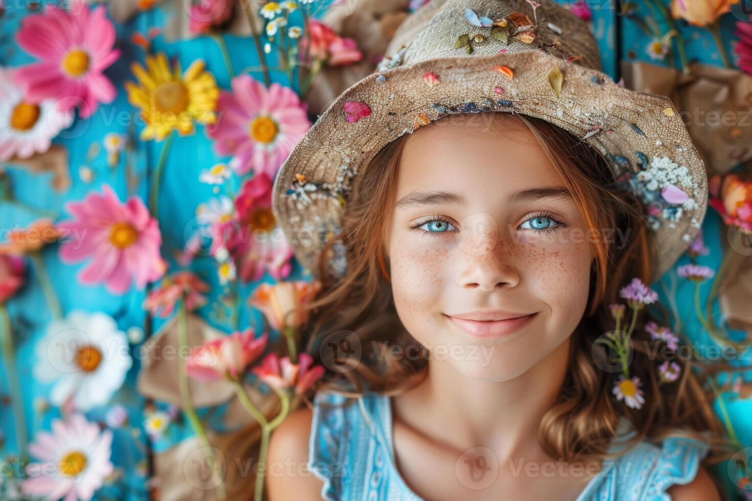 Smiling Girl in a Floral Hat, Summertime photo