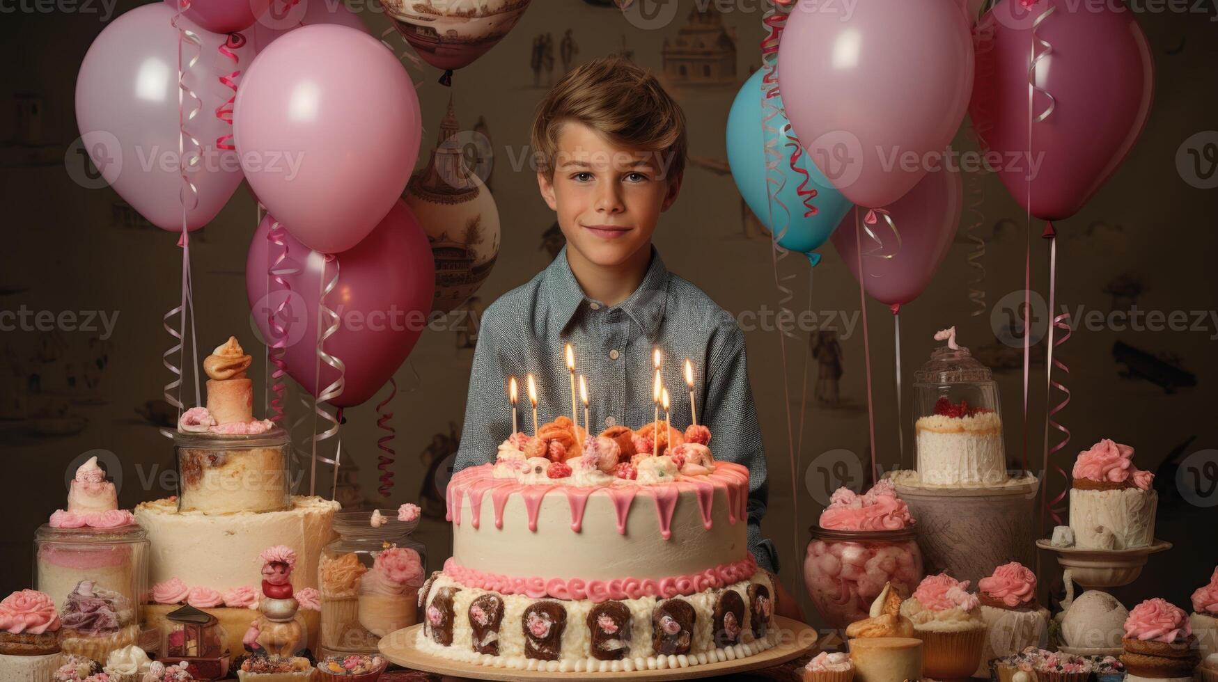 Birthday Boy with Cake and Balloons photo