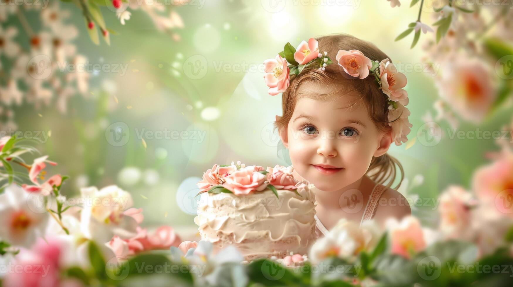 Little Girl in a Flower Crown with a Birthday Cake photo