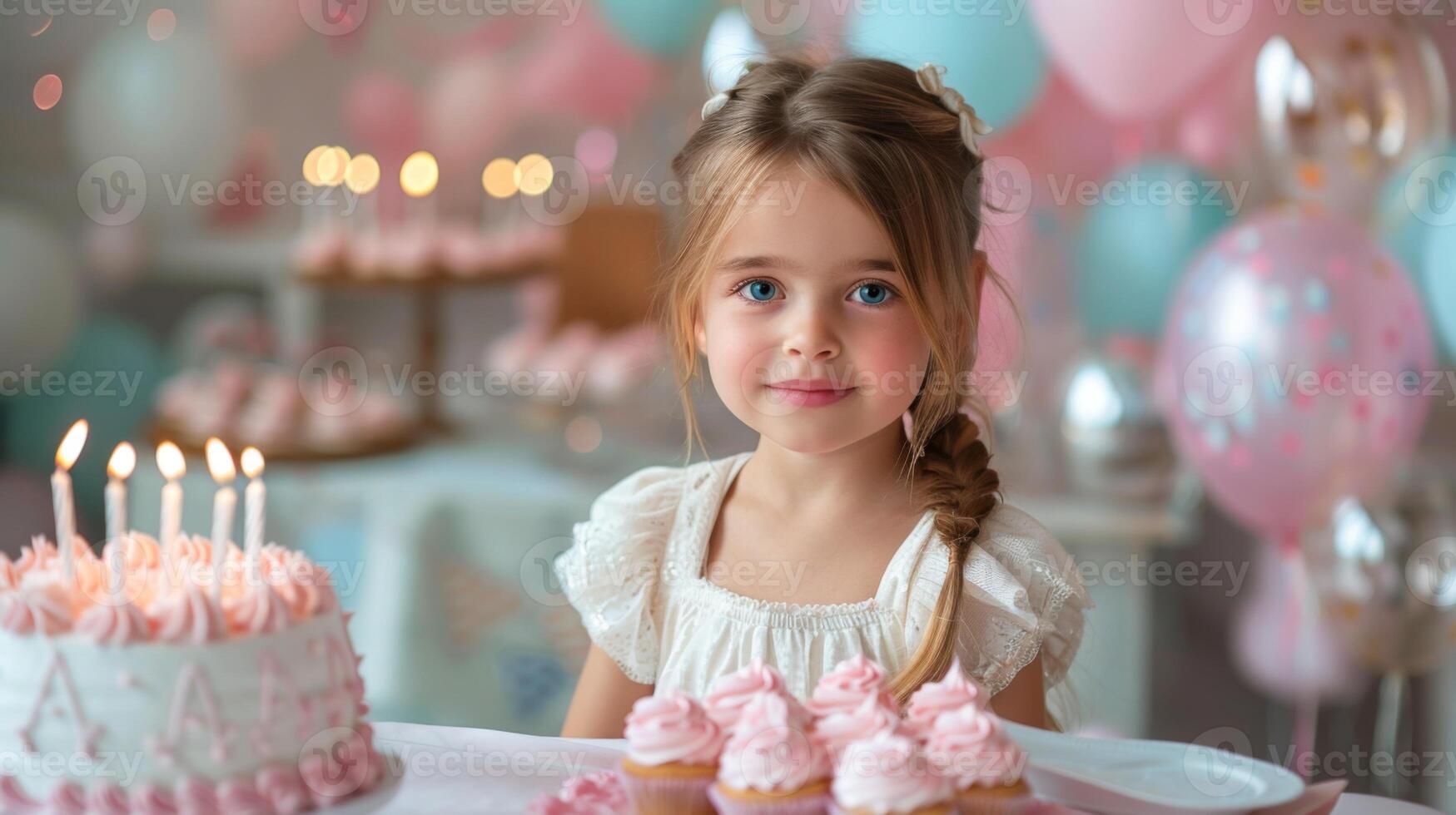 Little Girl's Birthday Celebration with Cupcakes and Cake photo