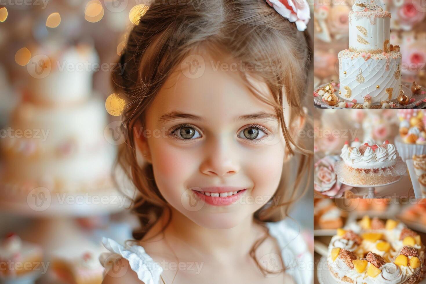 Portrait of a Smiling Girl with Birthday Cake in the Background photo