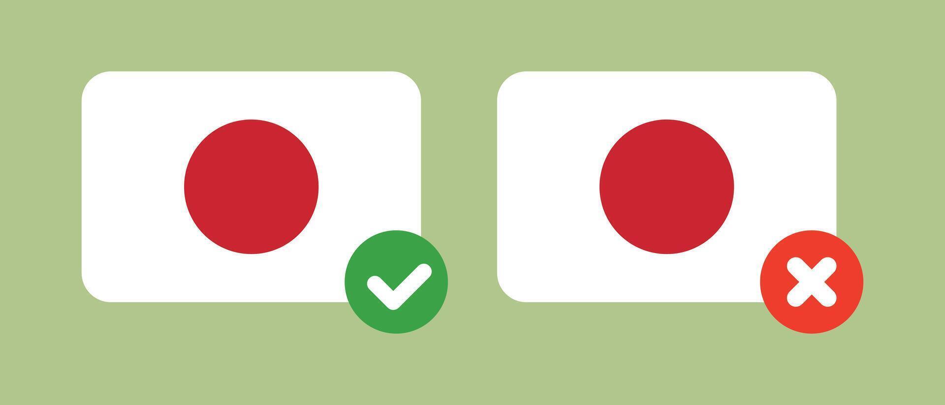 Japanese flag and check mark, Japanese flag and cross mark icon set. Asian countries. vector