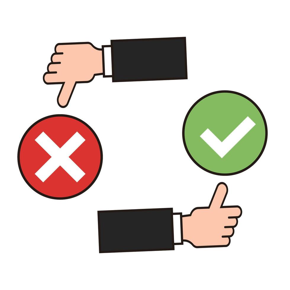 Check mark and thumbs up. Cross mark and bad sign. vector
