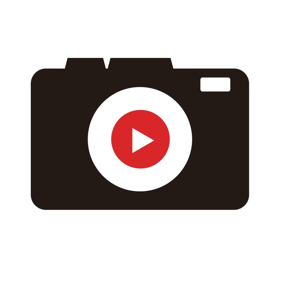 Camera icon with the lens as a playback button. vector