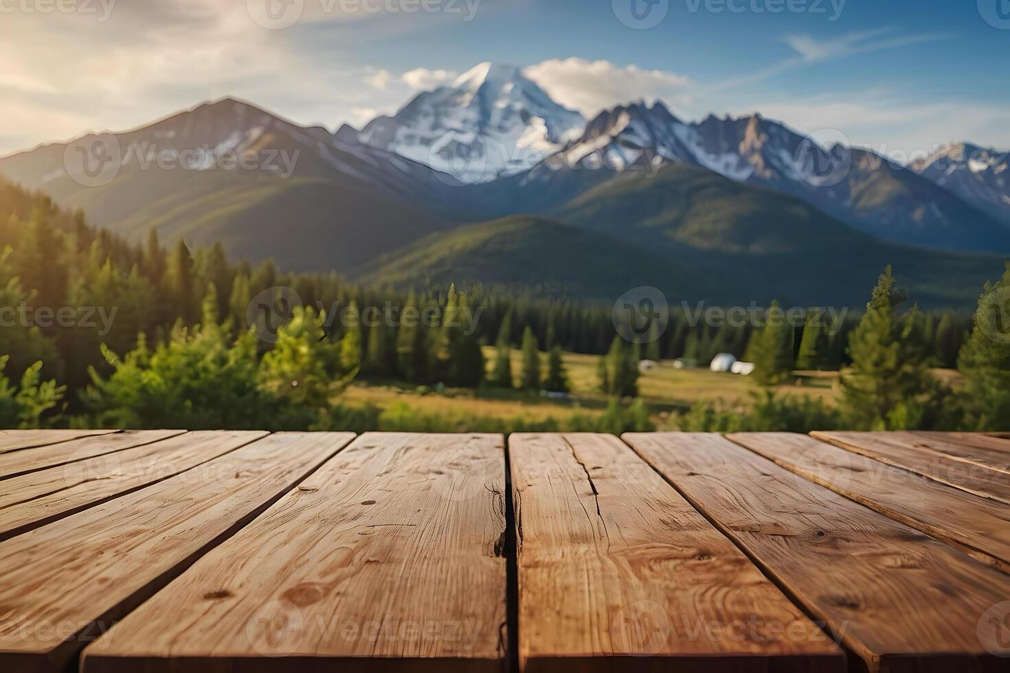 A close up of a wooden table with camping background photo