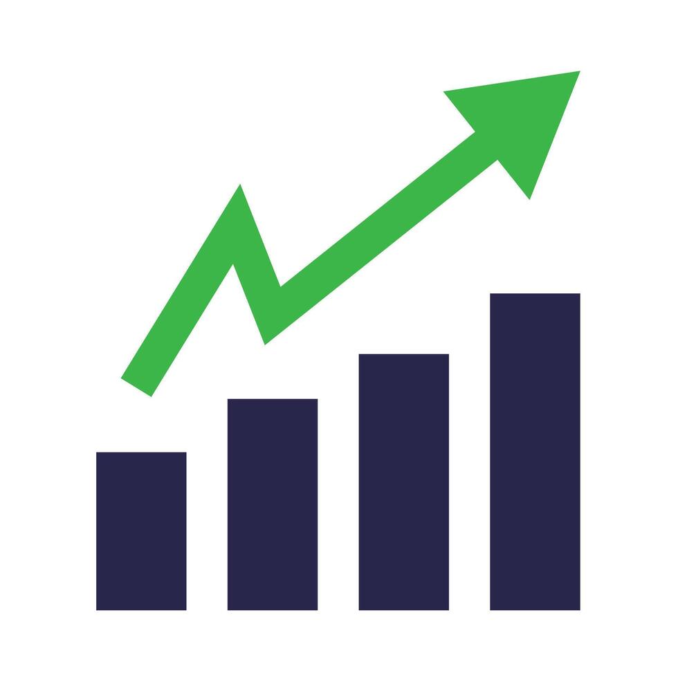 Bar chart icon with green rising arrow. Business performance and investment quotes. vector