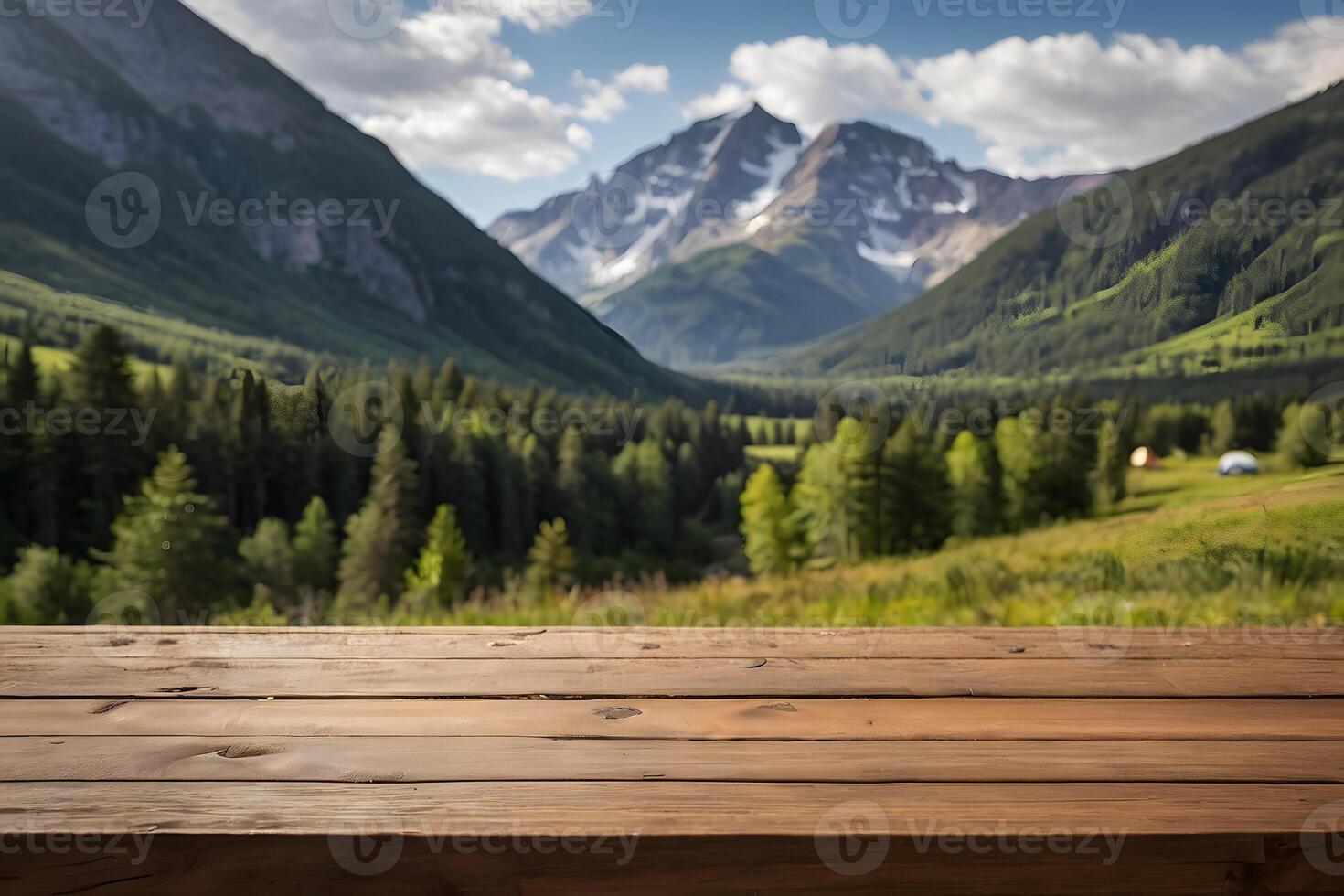 A close up of a wooden table with camping background photo