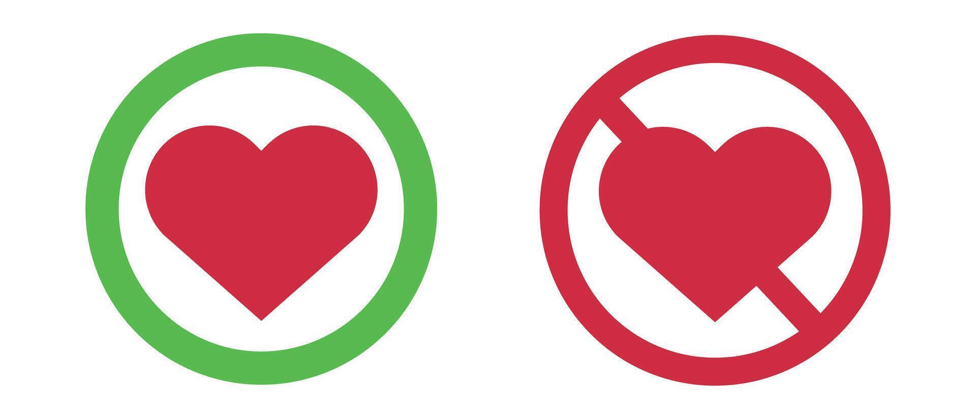 Marriage and divorce. Love and heartbreak. Set of icons with circle, heart, stop sign and heart symbol. vector