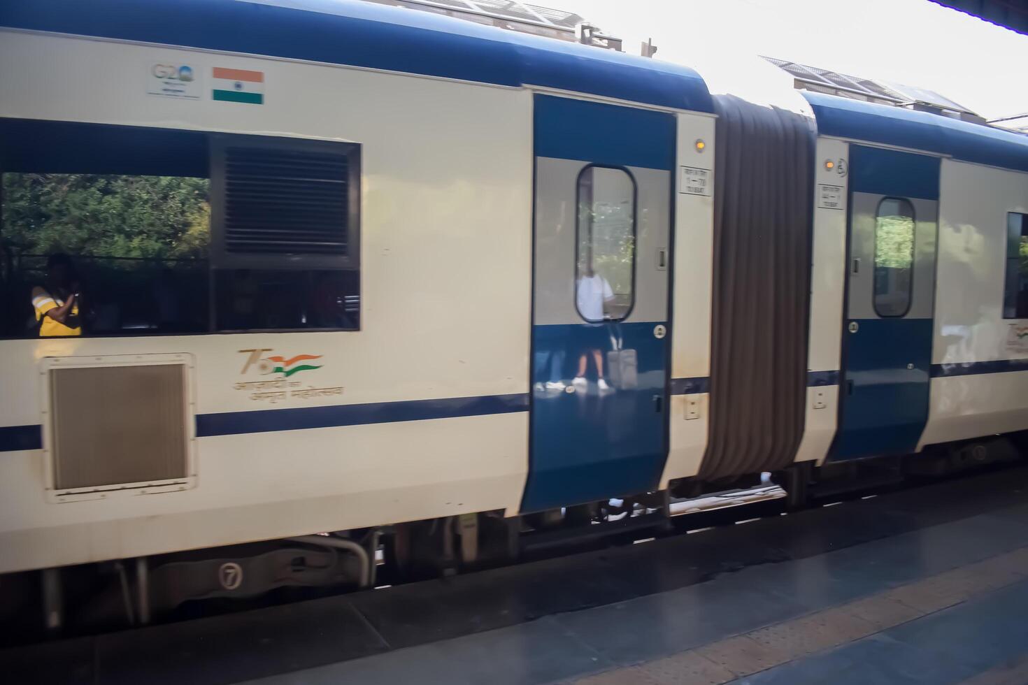Delhi, India, June 09 2024 - Vande Bharat Express train going from Delhi towards Dehradun from Anand Vihar railway station, Vande Bharat fastest Train of India photo