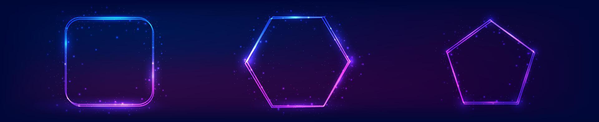 Set of three neon double frames with shining effects vector