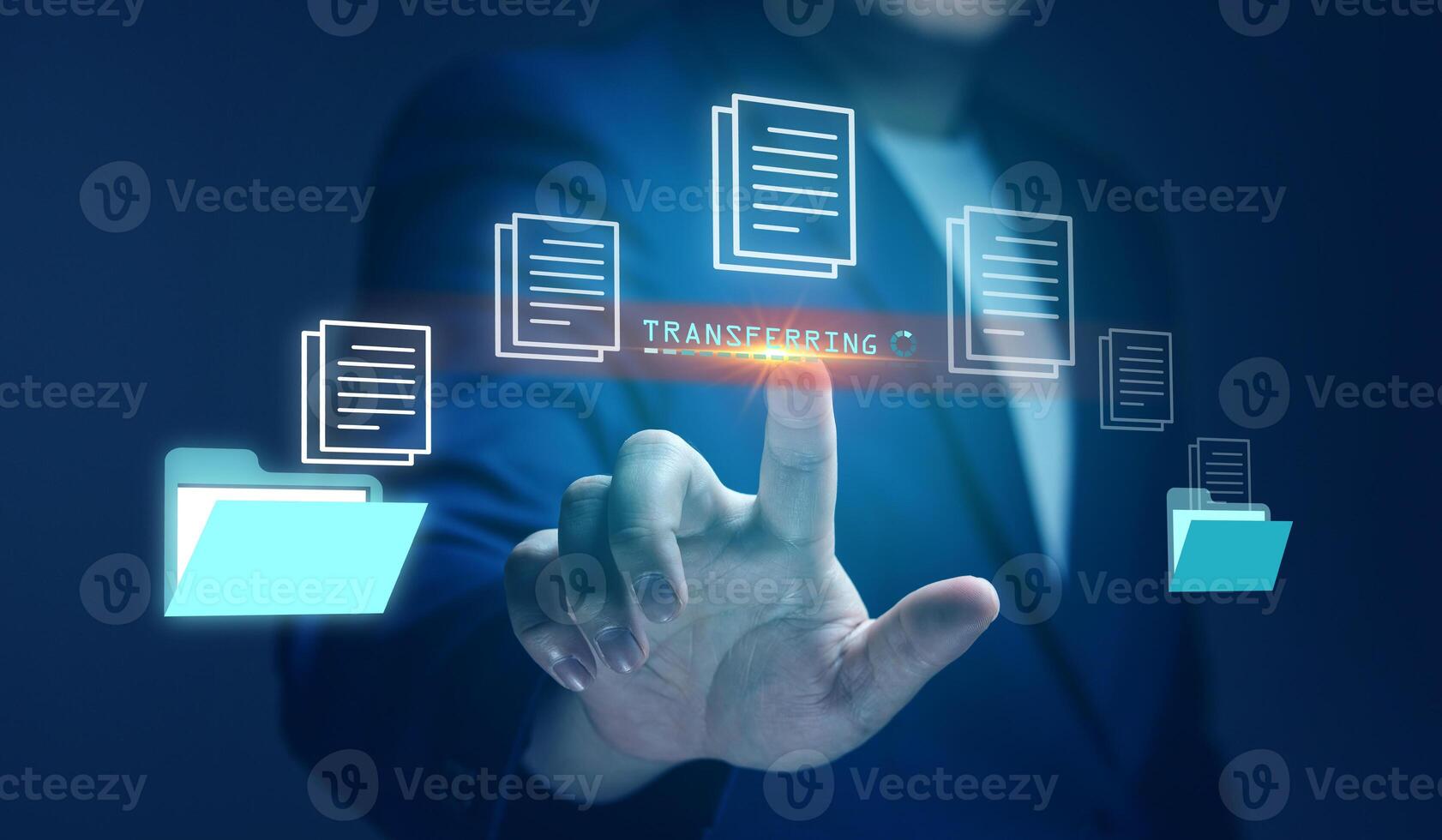 File Transfer Protocol FTP, data transfer, and backup with applications using online networks. Businessmen display virtual screen to share files stored in secure iCloud. photo