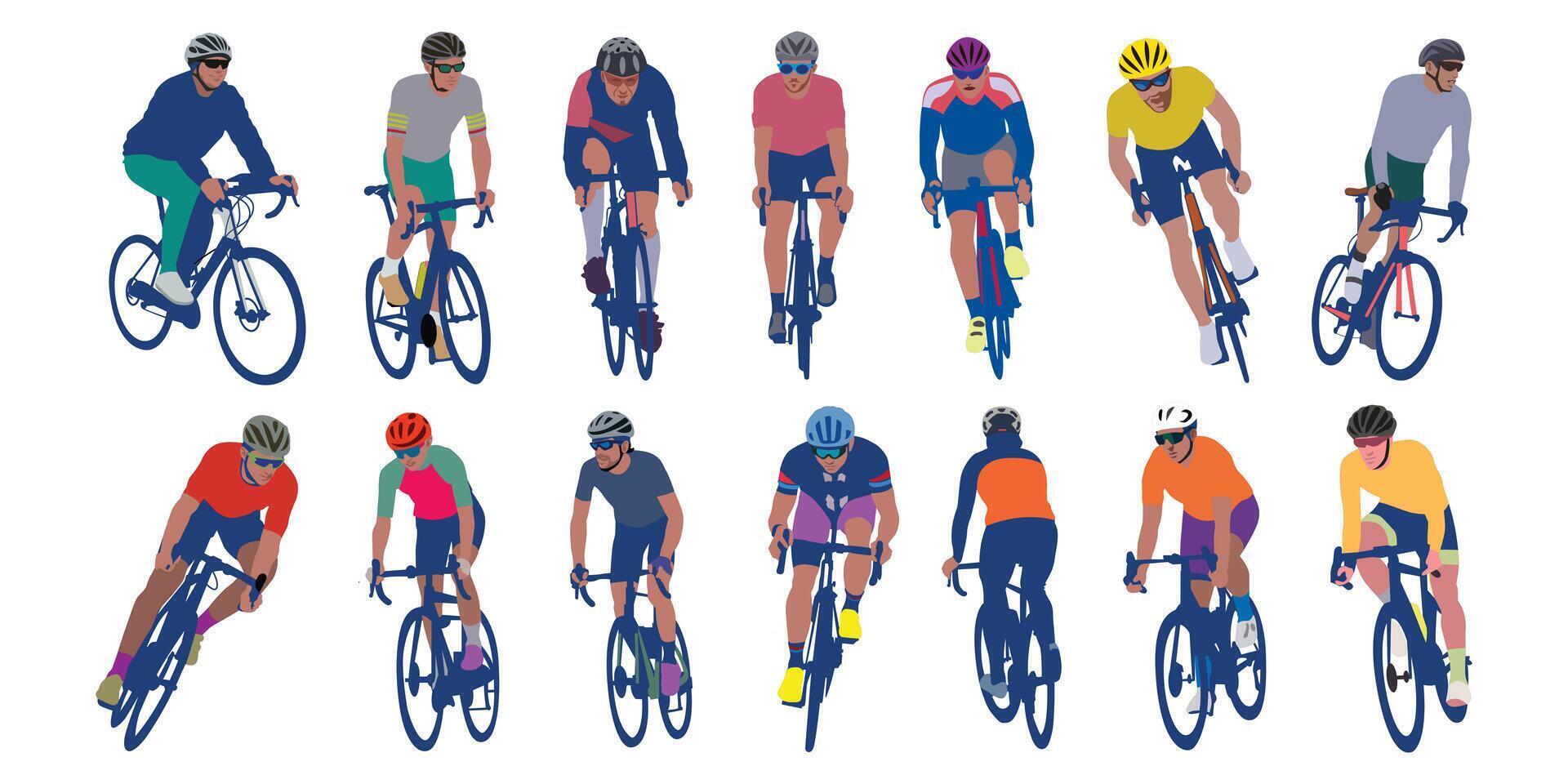 Action cyclists collection soft multi color illustration. Action cyclists isolated on white background. vector