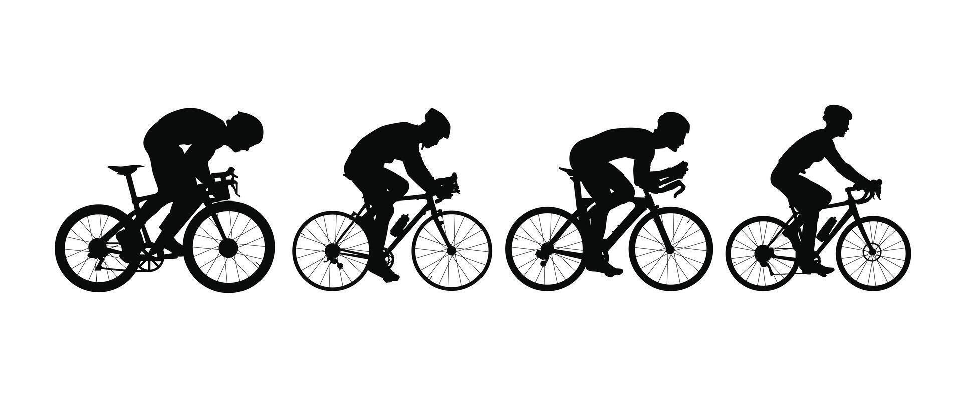 Action cyclists silhouette side view illustration isolated on white background. Collection bikers. vector