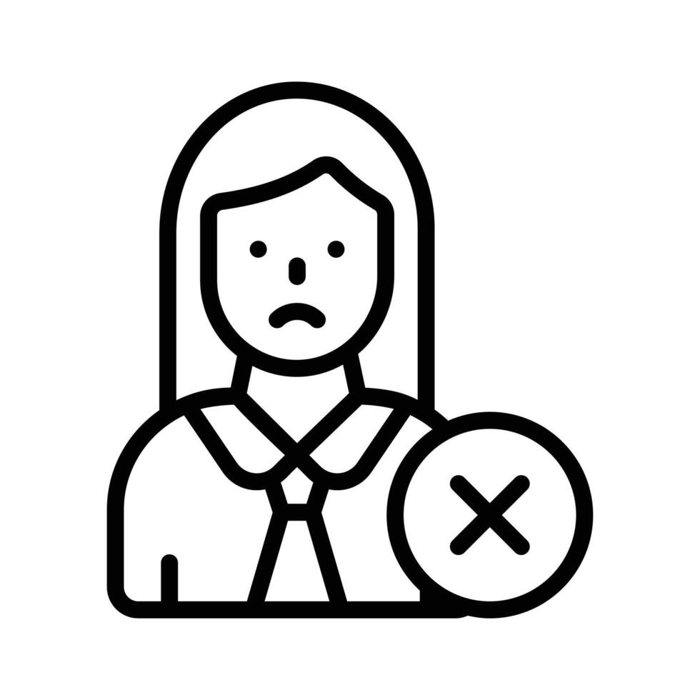 Cross sign with female avatar denoting concept icon of rejected employee vector