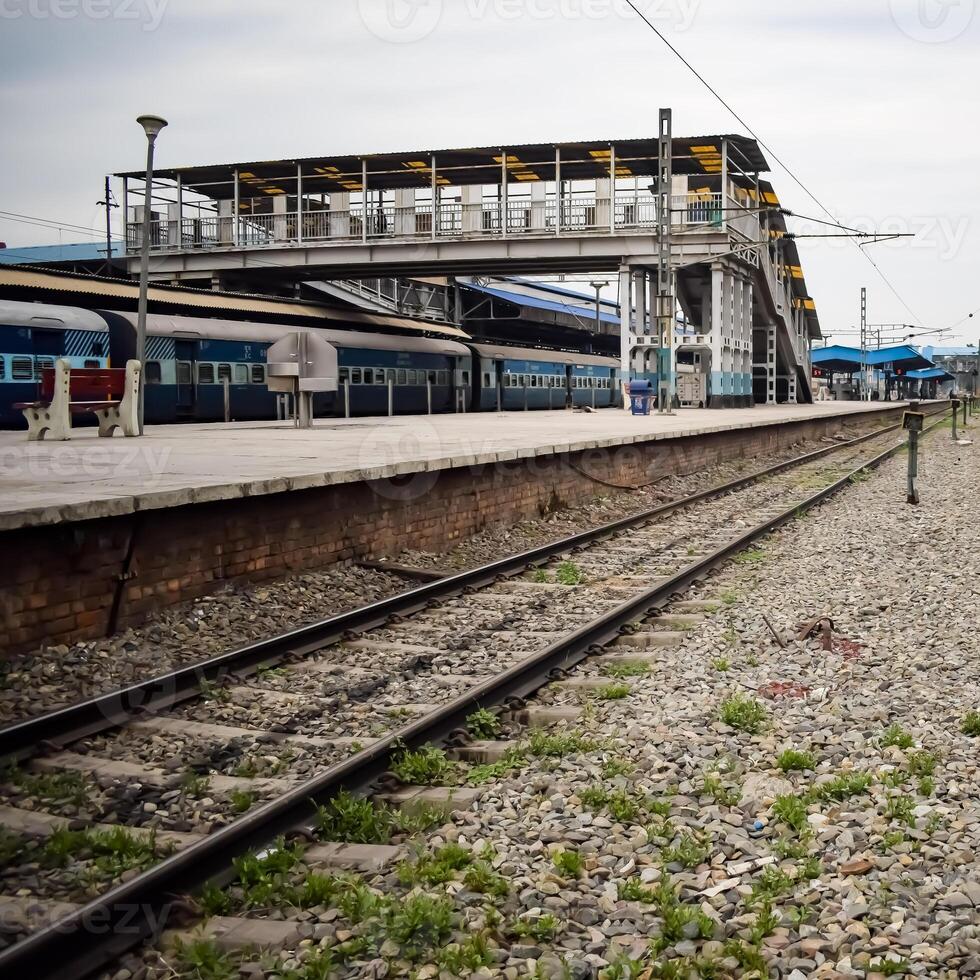 View of train Railway Tracks from the middle during daytime at Amritsar railway station in India, Train railway track view, Indian Railway junction, Heavy industry photo