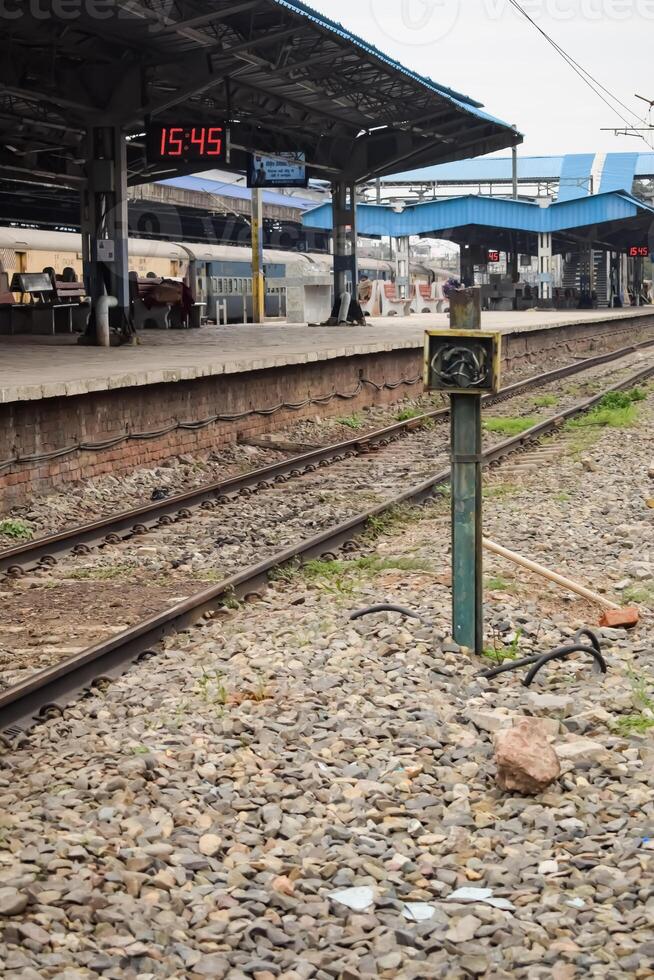 View of train Railway Tracks from the middle during daytime at Amritsar railway station in India, Train railway track view, Indian Railway junction, Heavy industry photo