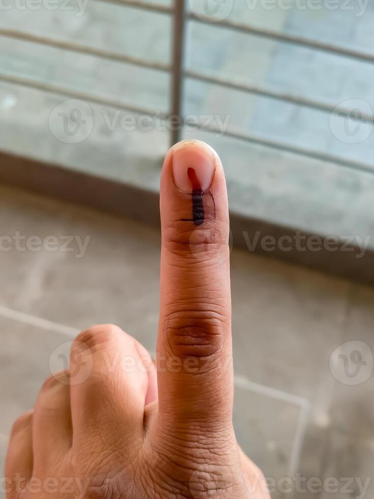 Young voter showing her ink-marked fingers after casting votes near polling booth of east Delhi, India for general Lok Sabha Elections 2024 photo